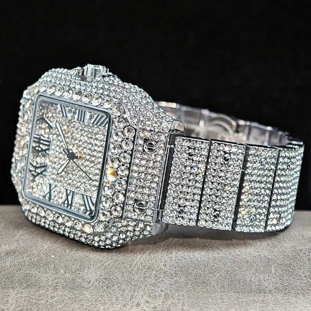 Hot UNIGUET Men's Square Watch Luxury Hip Hop Diamond Jewelry Waterproof Stainless Steel Quartz Wristwatch Fashion Man Accessory