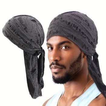 1pc Men's Vintage Tattered Faux Pirate Hat with Adjustable Tie - Black/Dark Gray Rapper Scarf Bandana, Stylish and Comfortable