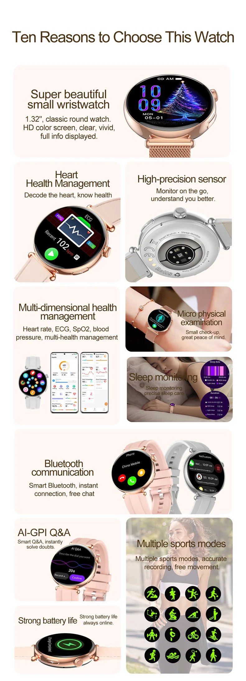 Women Smartwatch 1.32inch AMOLED Screen Call ECG Sport Watch Blood Pressure Micro physical examination AI dial Women Smart Watch