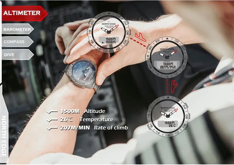 NORTH EDGE Mens Dive Watch Military Army Luxury Full Steel Smartwatch Compass Altimeter Barometer Digital Clock Waterproof 200m