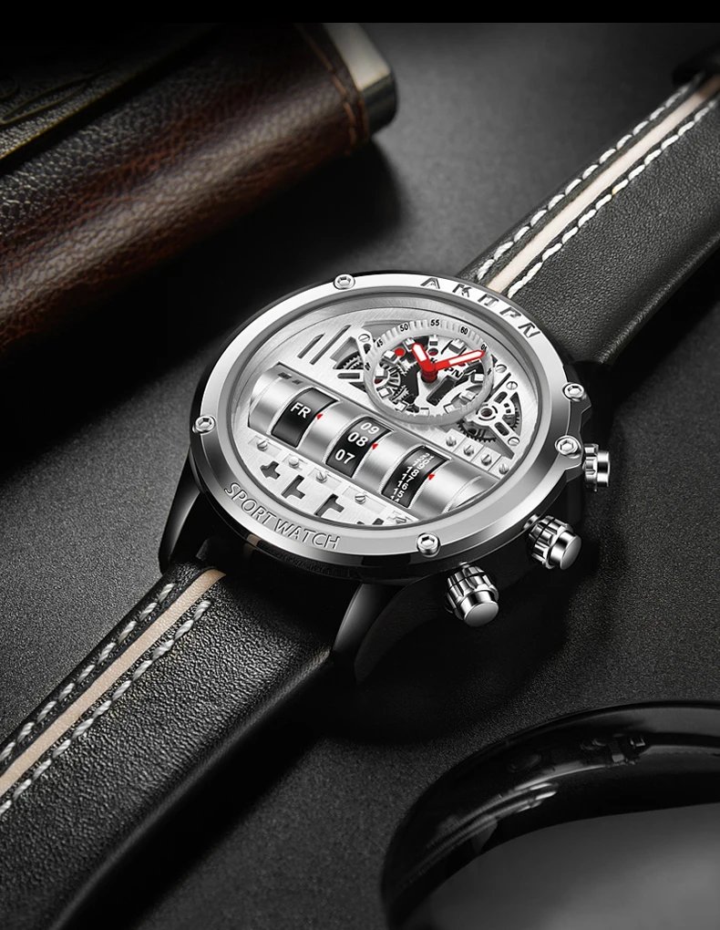 Luxury Electronic Quartz Watch For Men Business Watches Male Creative Men WristWatch Unique Rotate Date Leather Strap Watches