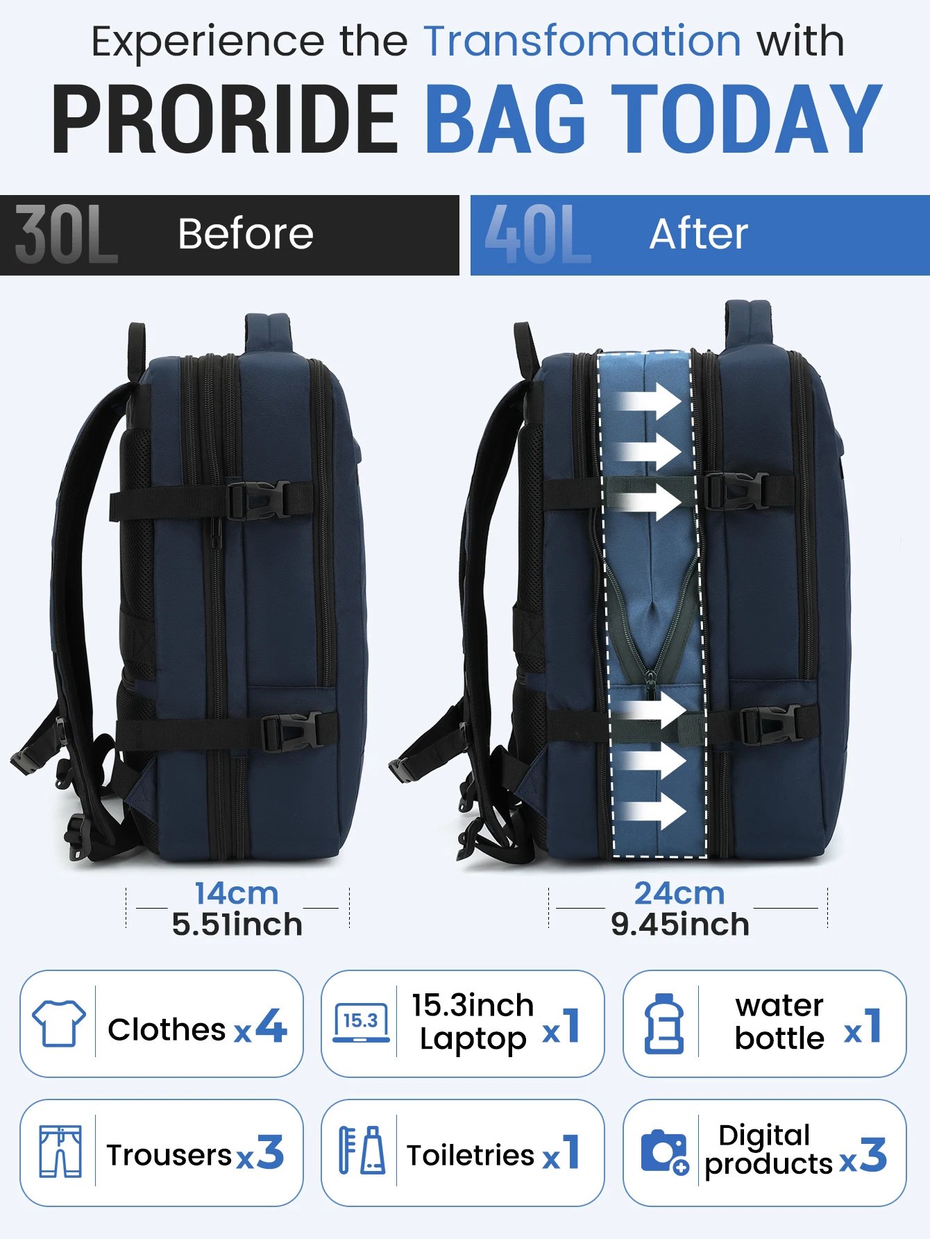 1 large-capacity expandable Men's backpack, multi-compartment outdoor hiking backpack, suitable for business and travel, meets a