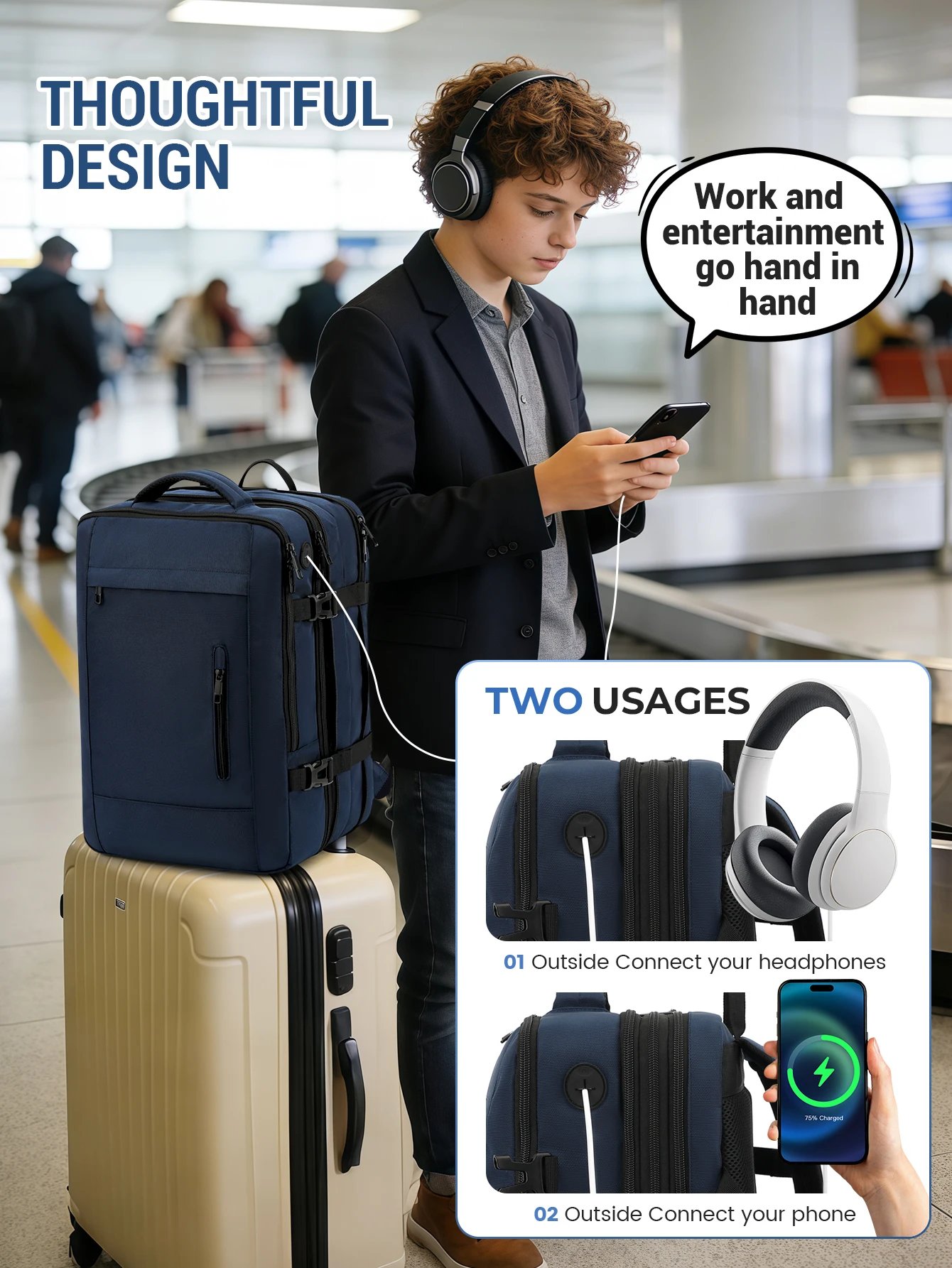 1 large-capacity expandable Men's backpack, multi-compartment outdoor hiking backpack, suitable for business and travel, meets a