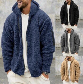 2024 Men's Autumn and Winter Double-Sided Fleece Warm Jacket  Loose Hooded Casual Jacket