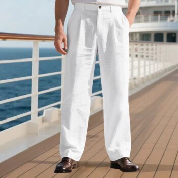 Amazon European and American men's linen solid color casual suit pants new fashion beach wide-leg trousers