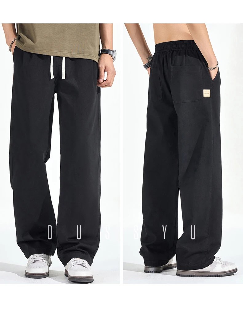 Spring Summer High Quality 100%Cotton Casual Pants Men Drawstring Elastic Waist Loose Straight Khaki ArmyGreen Trousers Male