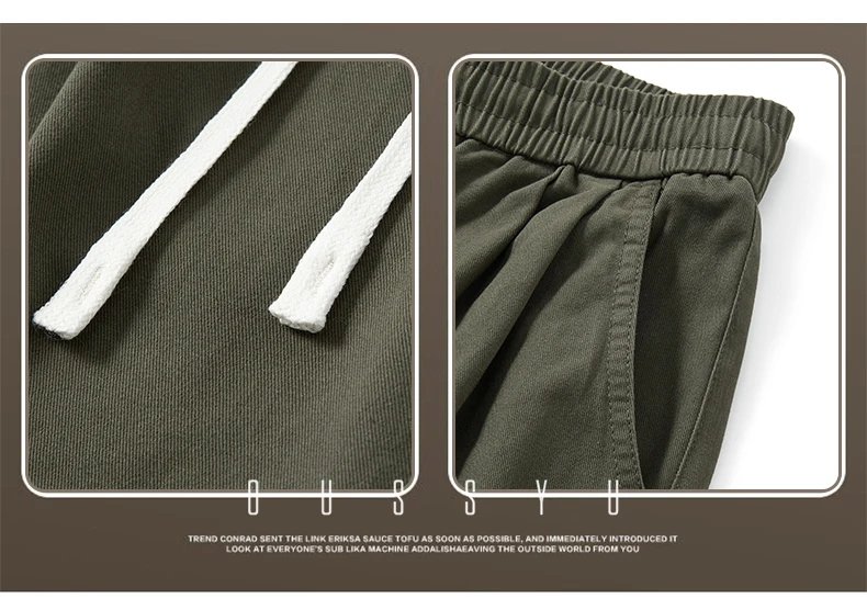 Spring Summer High Quality 100%Cotton Casual Pants Men Drawstring Elastic Waist Loose Straight Khaki ArmyGreen Trousers Male
