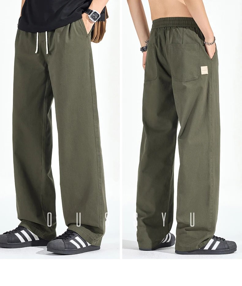 Spring Summer High Quality 100%Cotton Casual Pants Men Drawstring Elastic Waist Loose Straight Khaki ArmyGreen Trousers Male
