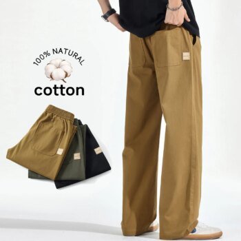 Spring Summer High Quality 100%Cotton Casual Pants Men Drawstring Elastic Waist Loose Straight Khaki ArmyGreen Trousers Male