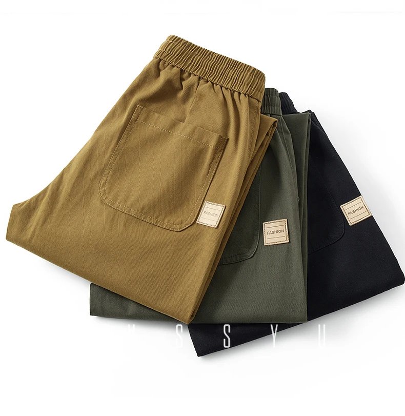 Spring Summer High Quality 100%Cotton Casual Pants Men Drawstring Elastic Waist Loose Straight Khaki ArmyGreen Trousers Male