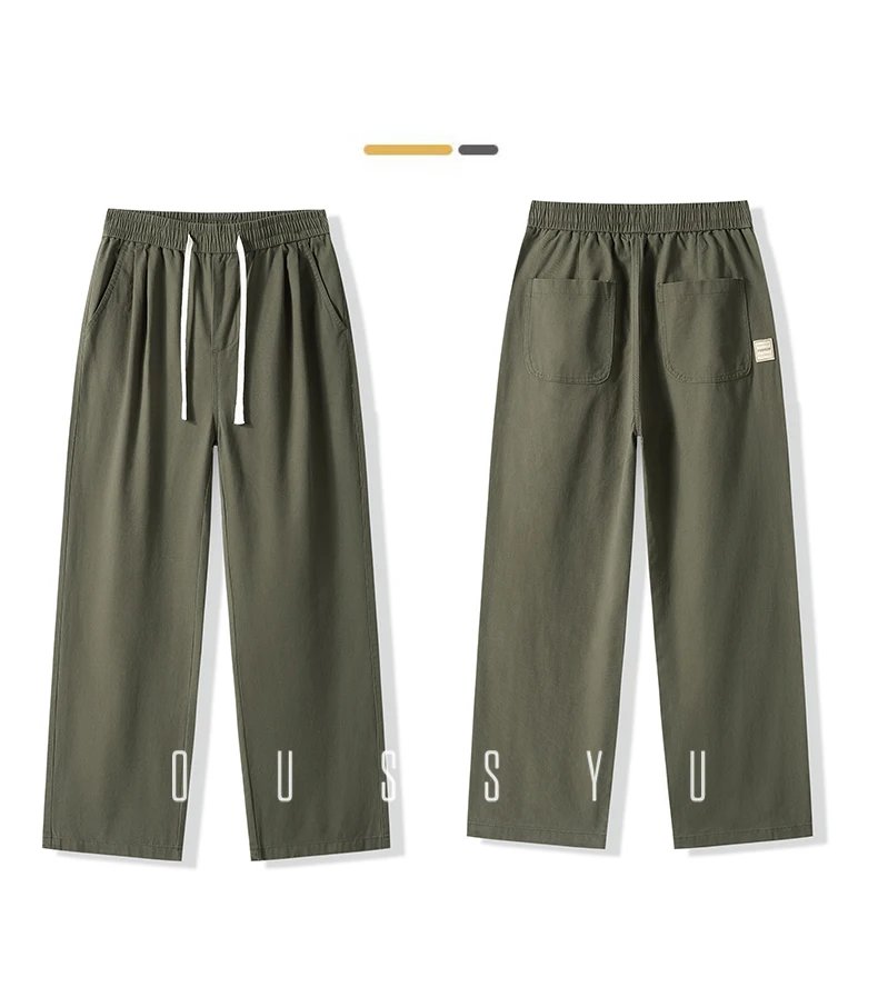 Spring Summer High Quality 100%Cotton Casual Pants Men Drawstring Elastic Waist Loose Straight Khaki ArmyGreen Trousers Male