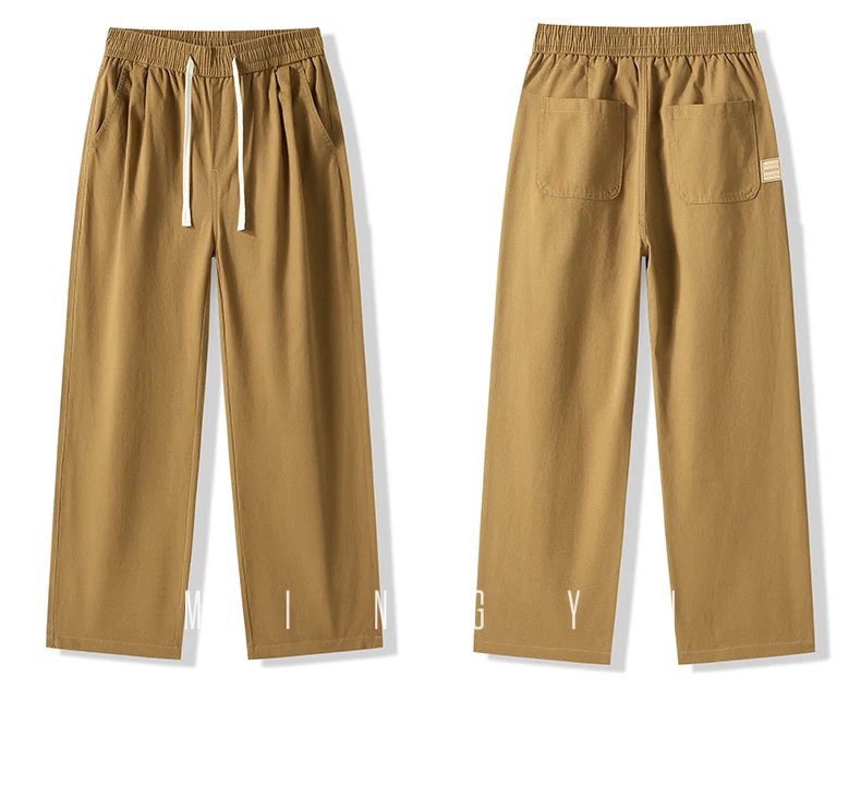Spring Summer High Quality 100%Cotton Casual Pants Men Drawstring Elastic Waist Loose Straight Khaki ArmyGreen Trousers Male