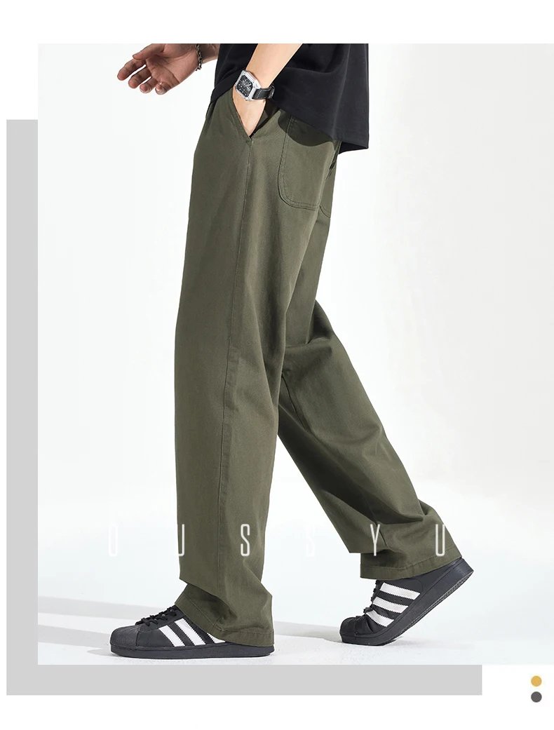 Spring Summer High Quality 100%Cotton Casual Pants Men Drawstring Elastic Waist Loose Straight Khaki ArmyGreen Trousers Male