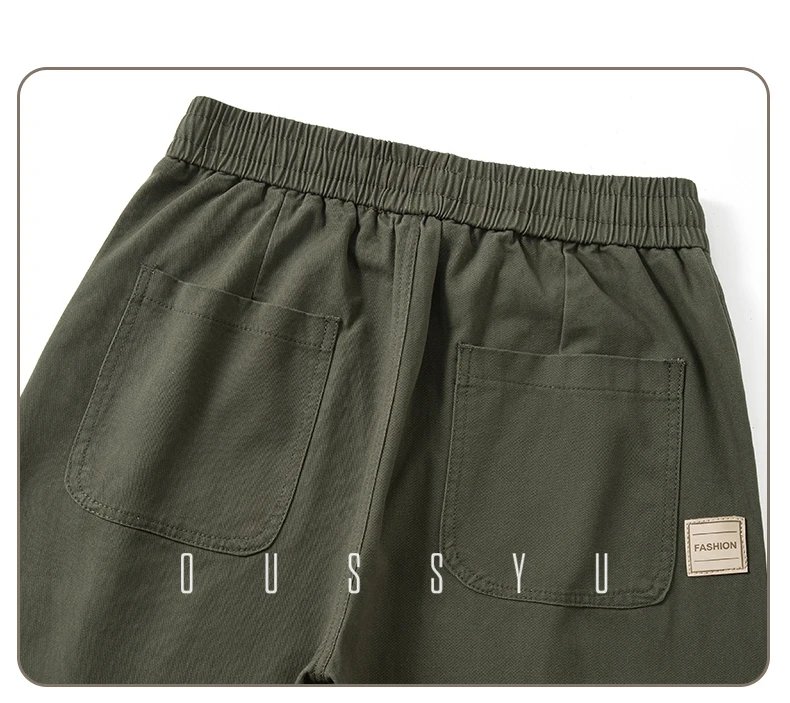 Spring Summer High Quality 100%Cotton Casual Pants Men Drawstring Elastic Waist Loose Straight Khaki ArmyGreen Trousers Male