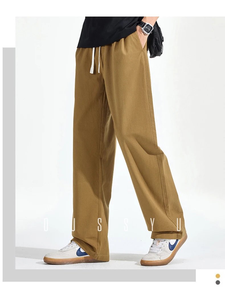 Spring Summer High Quality 100%Cotton Casual Pants Men Drawstring Elastic Waist Loose Straight Khaki ArmyGreen Trousers Male