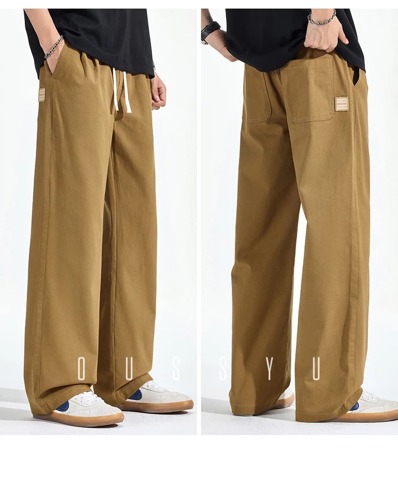 Spring Summer High Quality 100%Cotton Casual Pants Men Drawstring Elastic Waist Loose Straight Khaki ArmyGreen Trousers Male