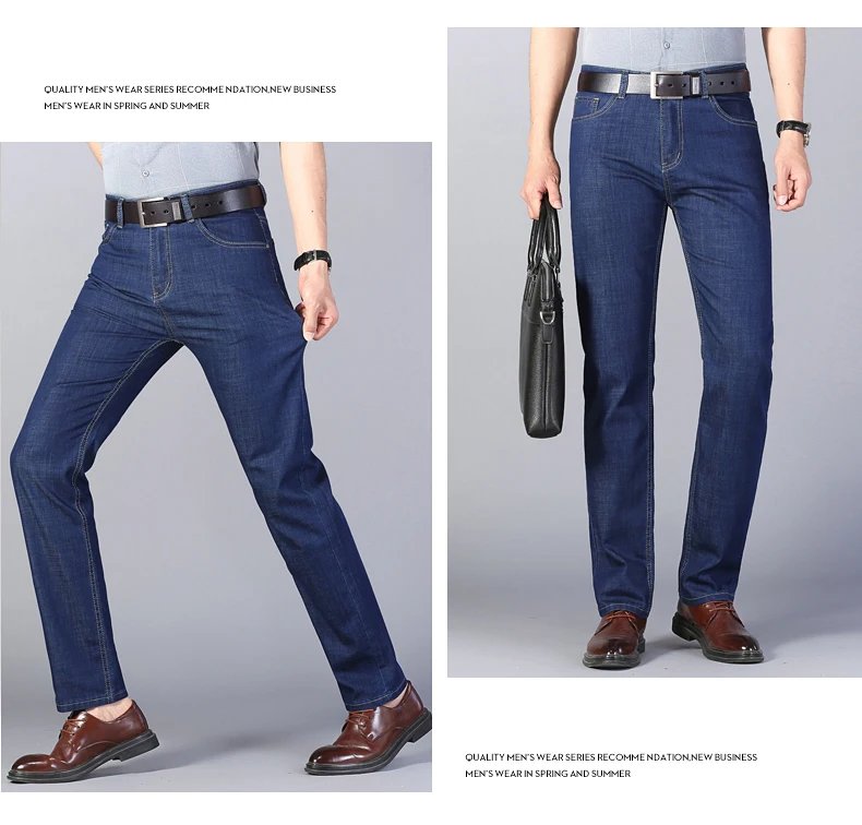 Summer New Elastic Men's Jeans Fashion Comfortable Business Straight Stretch Cotton Casual Denim Pants Brand Male Thin Trousers