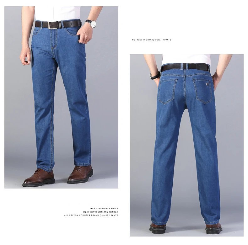 Summer New Elastic Men's Jeans Fashion Comfortable Business Straight Stretch Cotton Casual Denim Pants Brand Male Thin Trousers