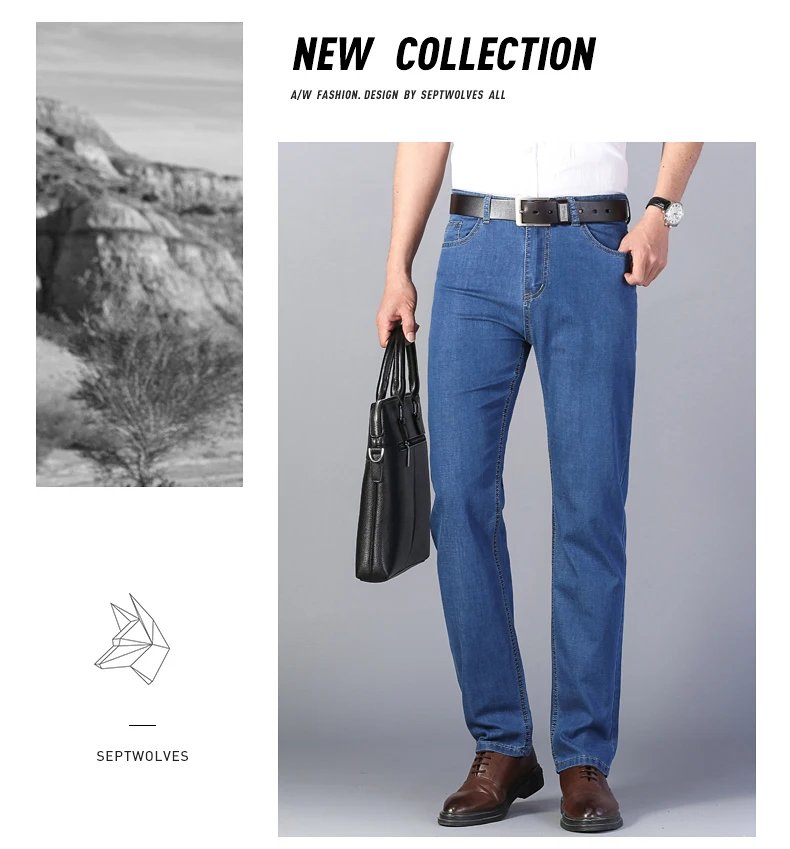 Summer New Elastic Men's Jeans Fashion Comfortable Business Straight Stretch Cotton Casual Denim Pants Brand Male Thin Trousers