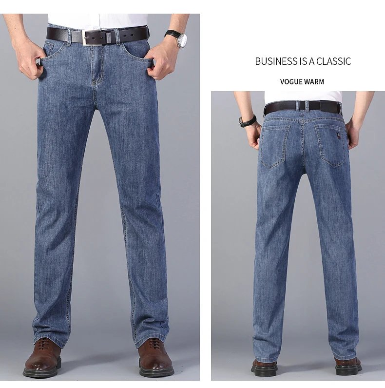 Summer New Elastic Men's Jeans Fashion Comfortable Business Straight Stretch Cotton Casual Denim Pants Brand Male Thin Trousers