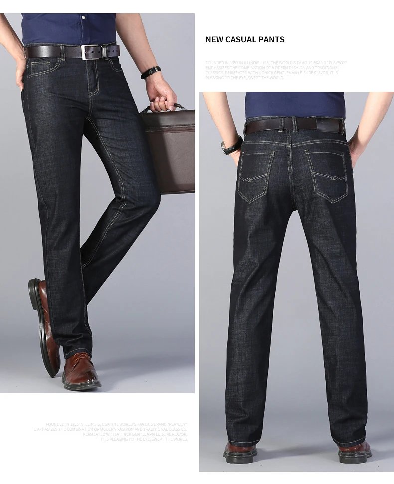 Summer New Elastic Men's Jeans Fashion Comfortable Business Straight Stretch Cotton Casual Denim Pants Brand Male Thin Trousers