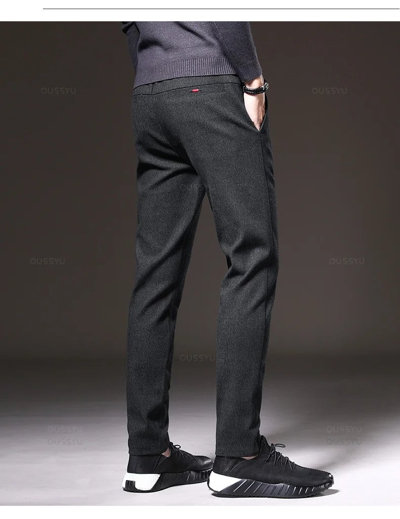 Spring Men's Casual Pants Business Fashion Elastic Waist Slim Fit Stretch Thick Gray Black Cotton Trousers Male