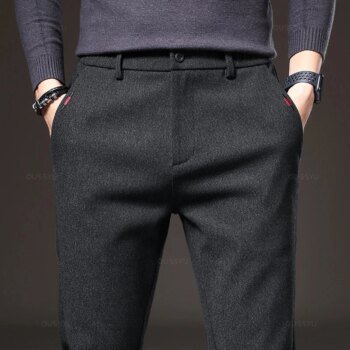 Spring Men's Casual Pants Business Fashion Elastic Waist Slim Fit Stretch Thick Gray Black Cotton Trousers Male