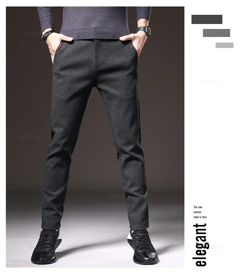 Spring Men's Casual Pants Business Fashion Elastic Waist Slim Fit Stretch Thick Gray Black Cotton Trousers Male