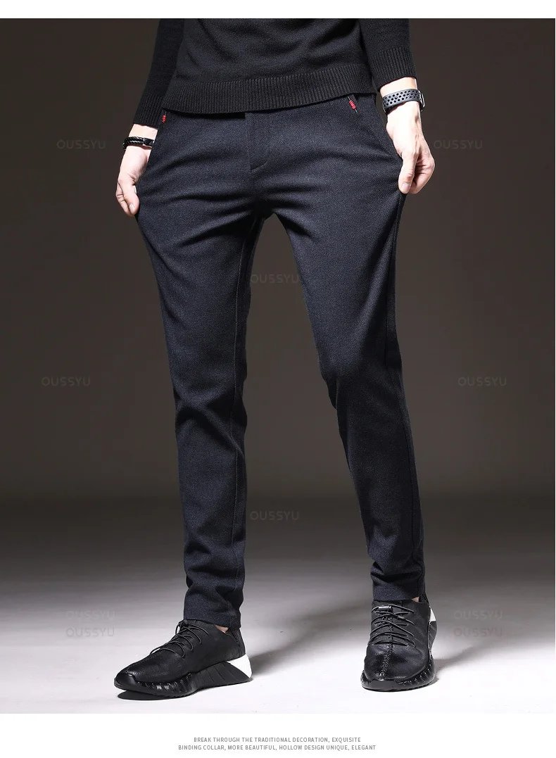 Spring Men's Casual Pants Business Fashion Elastic Waist Slim Fit Stretch Thick Gray Black Cotton Trousers Male