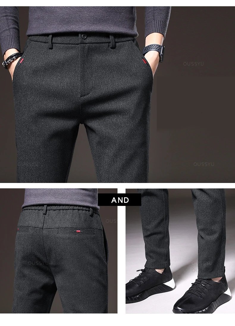 Spring Men's Casual Pants Business Fashion Elastic Waist Slim Fit Stretch Thick Gray Black Cotton Trousers Male