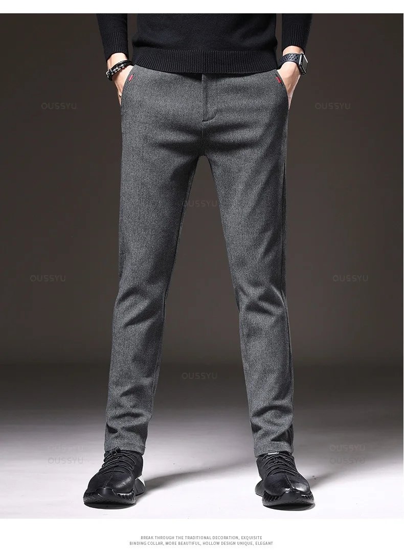 Spring Men's Casual Pants Business Fashion Elastic Waist Slim Fit Stretch Thick Gray Black Cotton Trousers Male