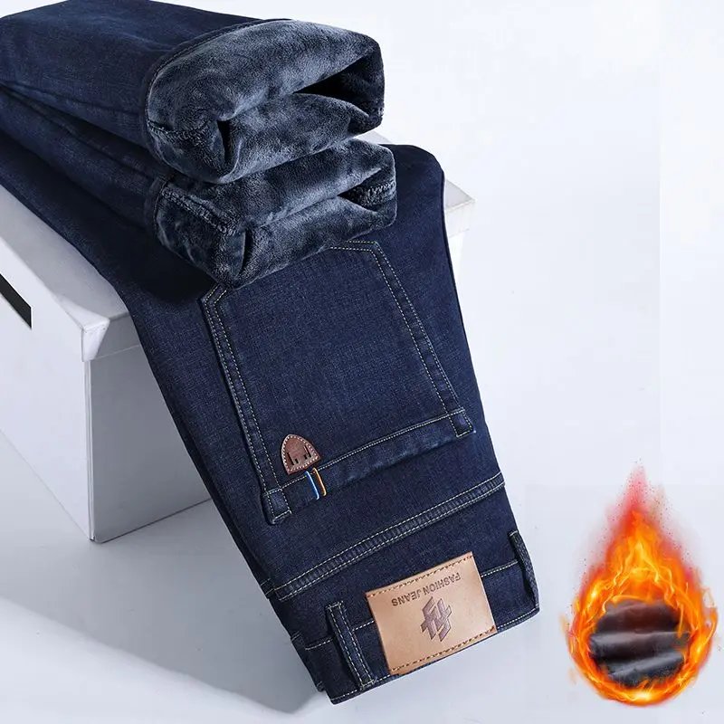 Winter Warm Fleece Jeans Men's Thick Thermal Casual Straight Denim Pants Male Business Work Stretch Trousers New Clothing