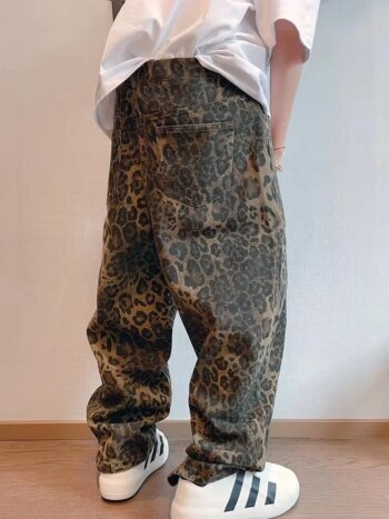 Autumn Tan Leopard Jeans Men Denim Pants Male Oversize Wide Leg Trousers Streetwear Hip Hop Vintage Loose Casual Animal Print
