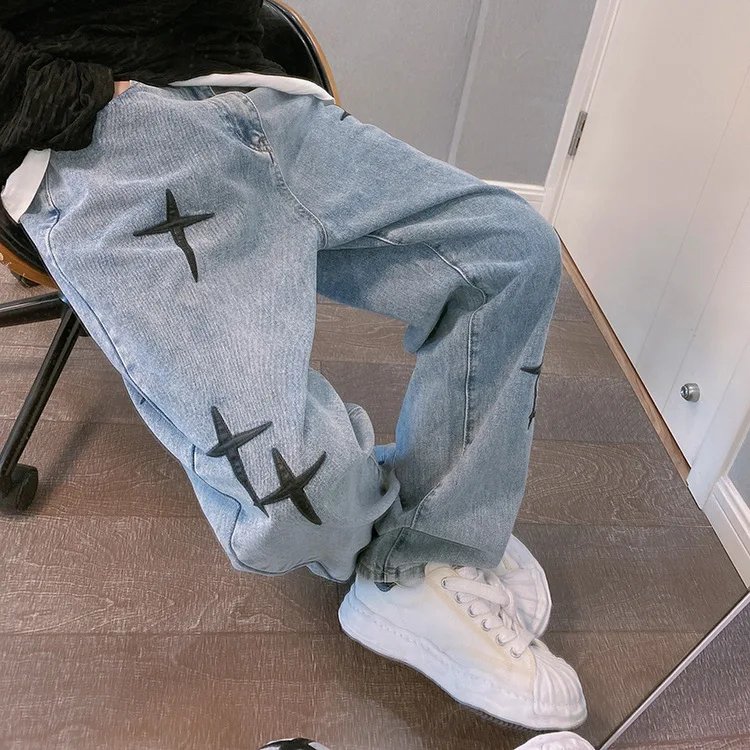 Prints Jeans Men 2023 New Streetwear Baggy Wide Leg Jeans Korean Fashion Drapes Straight Casual Loose Denim Cargo Pants