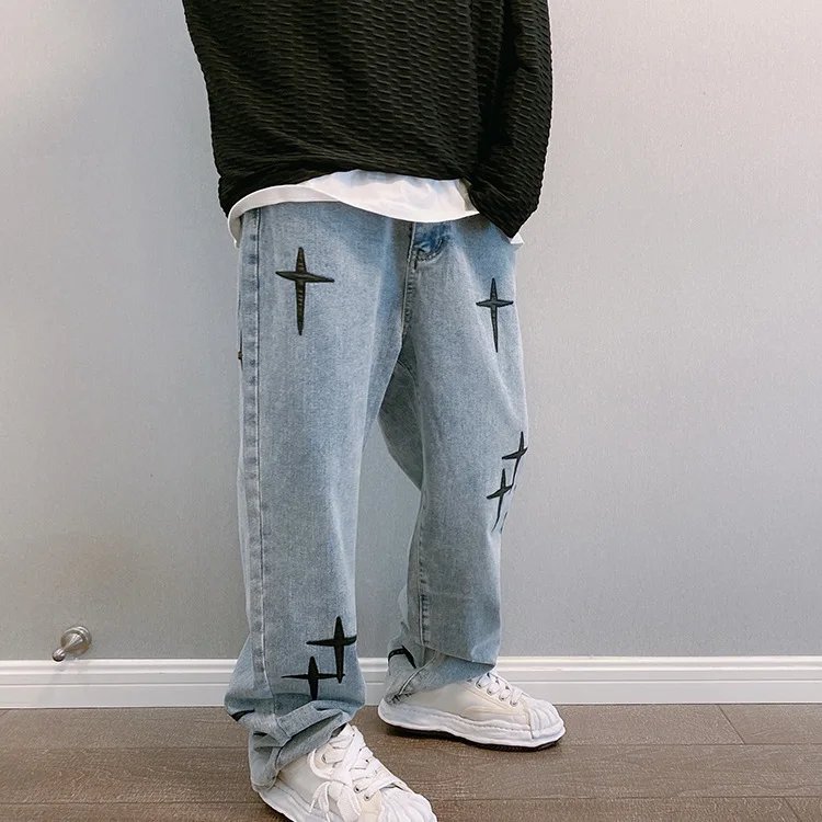 Prints Jeans Men 2023 New Streetwear Baggy Wide Leg Jeans Korean Fashion Drapes Straight Casual Loose Denim Cargo Pants
