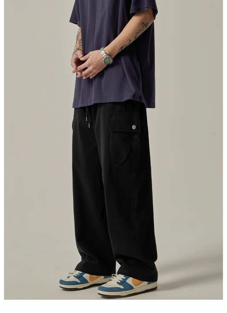 Men's Sweatpants 2025 Spring Autumn Vintage Japanese Wide Leg Straight Loose Button Big Pockets Cargo Pants Drawstring Trousers
