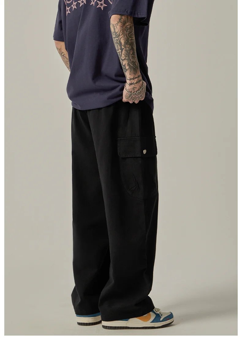Men's Sweatpants 2025 Spring Autumn Vintage Japanese Wide Leg Straight Loose Button Big Pockets Cargo Pants Drawstring Trousers