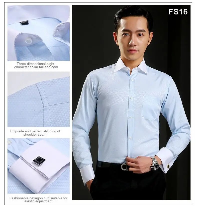 Men's Classic French Cuffs Social Dress Shirt Formal Business Standard-fit Long Sleeve Wedding Party Office Work White Shirts