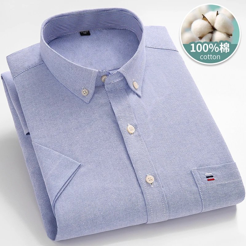 Larger Size 7XL 6XL Classic Men's Short Sleeve Shirt 100% Oxford Cotton Casual College Soft Plaid Stripe Solid Business Slim Fit