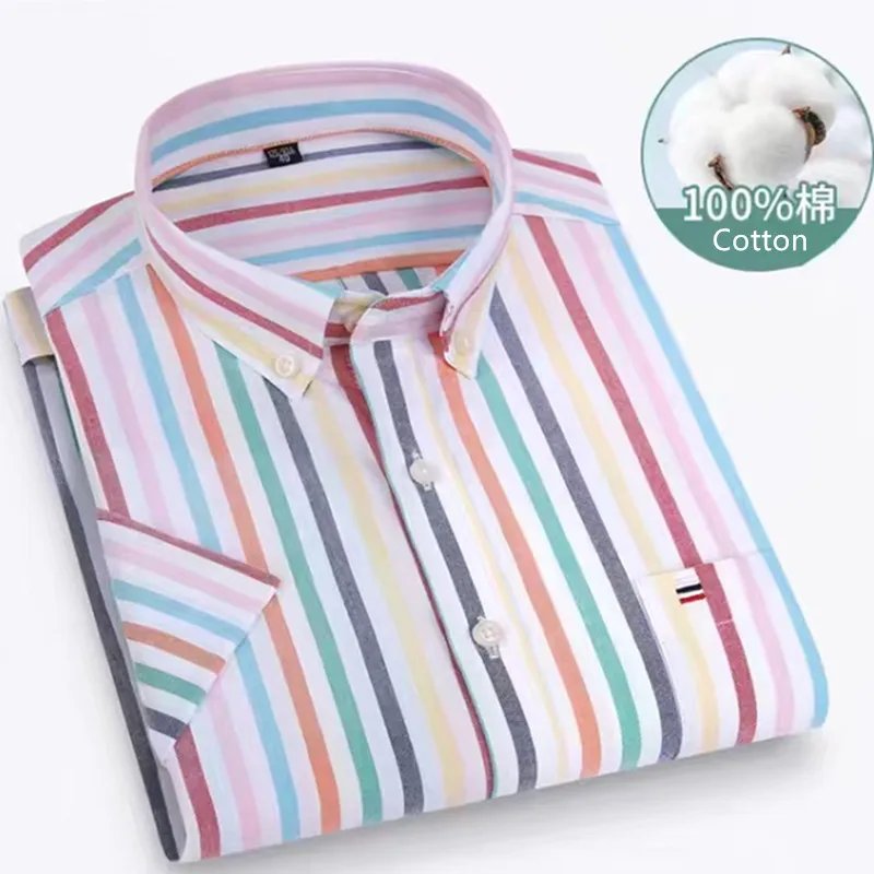 Larger Size 7XL 6XL Classic Men's Short Sleeve Shirt 100% Oxford Cotton Casual College Soft Plaid Stripe Solid Business Slim Fit