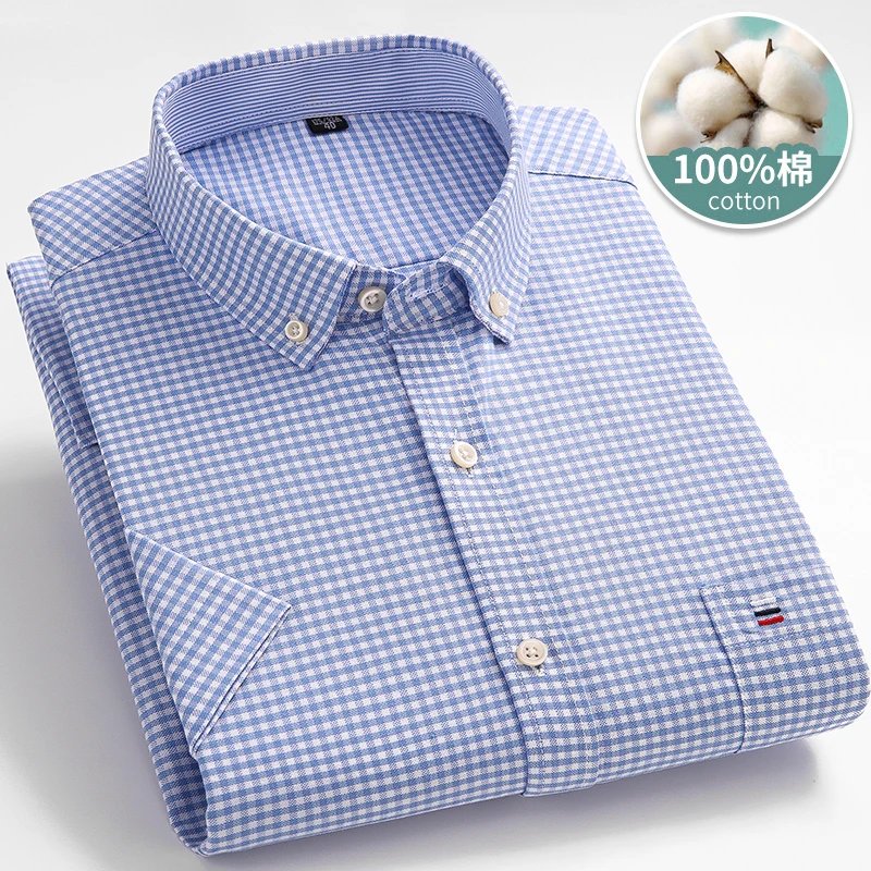Larger Size 7XL 6XL Classic Men's Short Sleeve Shirt 100% Oxford Cotton Casual College Soft Plaid Stripe Solid Business Slim Fit
