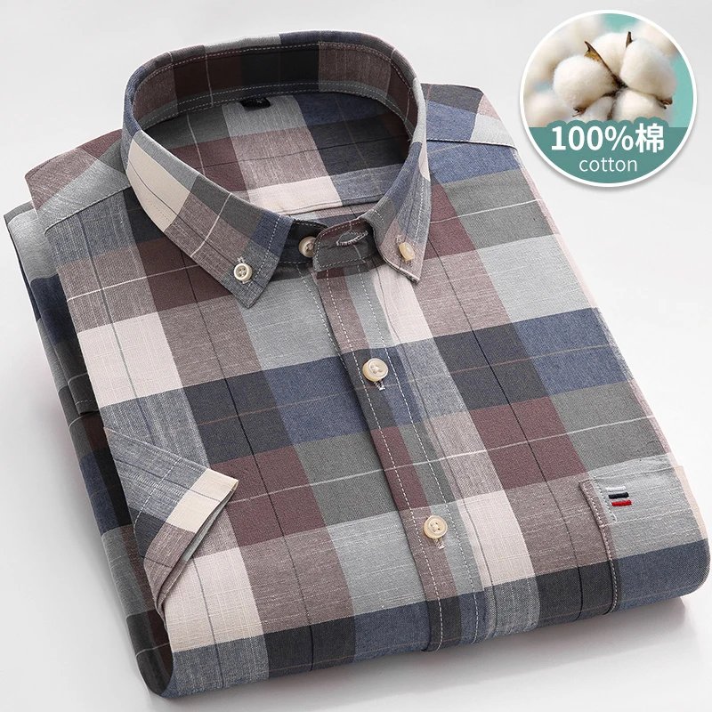 Larger Size 7XL 6XL Classic Men's Short Sleeve Shirt 100% Oxford Cotton Casual College Soft Plaid Stripe Solid Business Slim Fit
