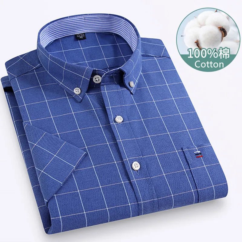Larger Size 7XL 6XL Classic Men's Short Sleeve Shirt 100% Oxford Cotton Casual College Soft Plaid Stripe Solid Business Slim Fit