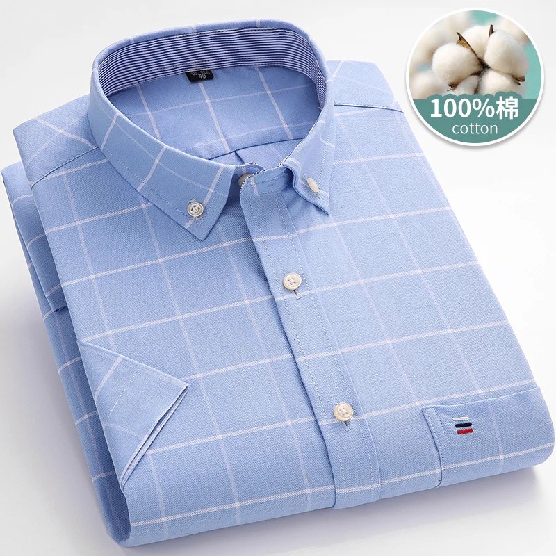 Larger Size 7XL 6XL Classic Men's Short Sleeve Shirt 100% Oxford Cotton Casual College Soft Plaid Stripe Solid Business Slim Fit