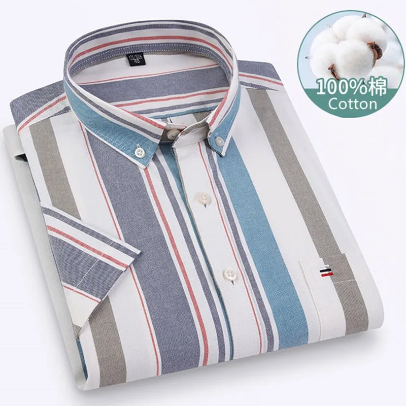 Larger Size 7XL 6XL Classic Men's Short Sleeve Shirt 100% Oxford Cotton Casual College Soft Plaid Stripe Solid Business Slim Fit