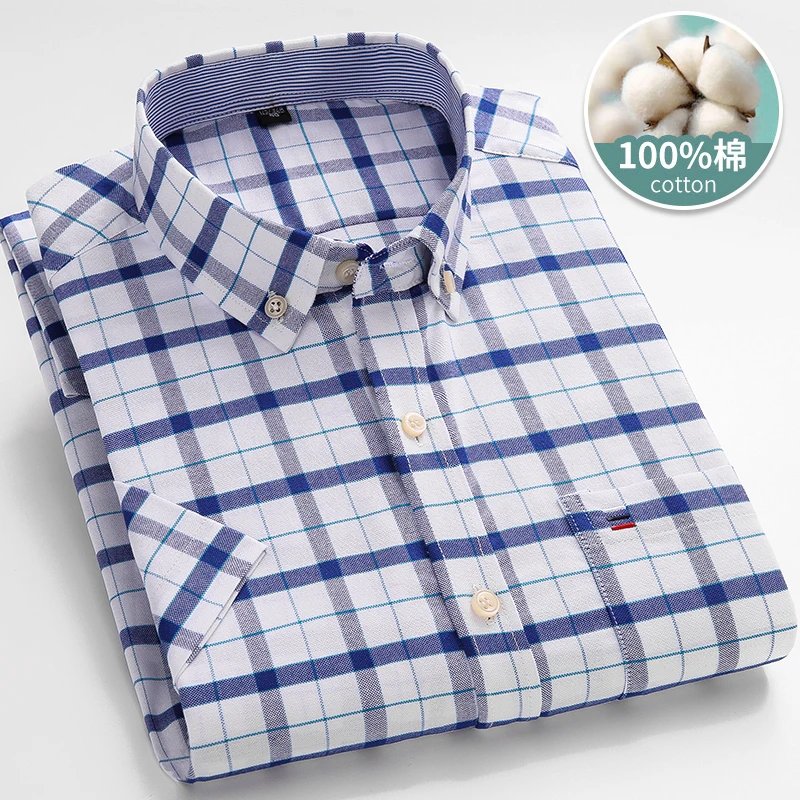Larger Size 7XL 6XL Classic Men's Short Sleeve Shirt 100% Oxford Cotton Casual College Soft Plaid Stripe Solid Business Slim Fit