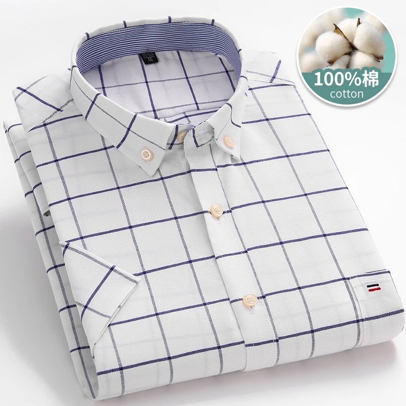 Larger Size 7XL 6XL Classic Men's Short Sleeve Shirt 100% Oxford Cotton Casual College Soft Plaid Stripe Solid Business Slim Fit