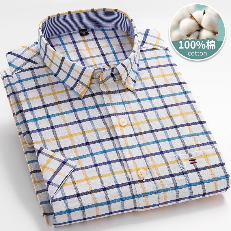 Larger Size 7XL 6XL Classic Men's Short Sleeve Shirt 100% Oxford Cotton Casual College Soft Plaid Stripe Solid Business Slim Fit