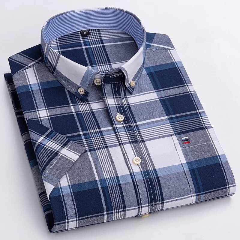 Larger Size 7XL 6XL Classic Men's Short Sleeve Shirt 100% Oxford Cotton Casual College Soft Plaid Stripe Solid Business Slim Fit