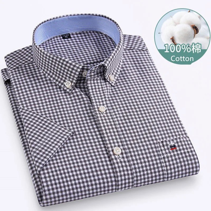Larger Size 7XL 6XL Classic Men's Short Sleeve Shirt 100% Oxford Cotton Casual College Soft Plaid Stripe Solid Business Slim Fit